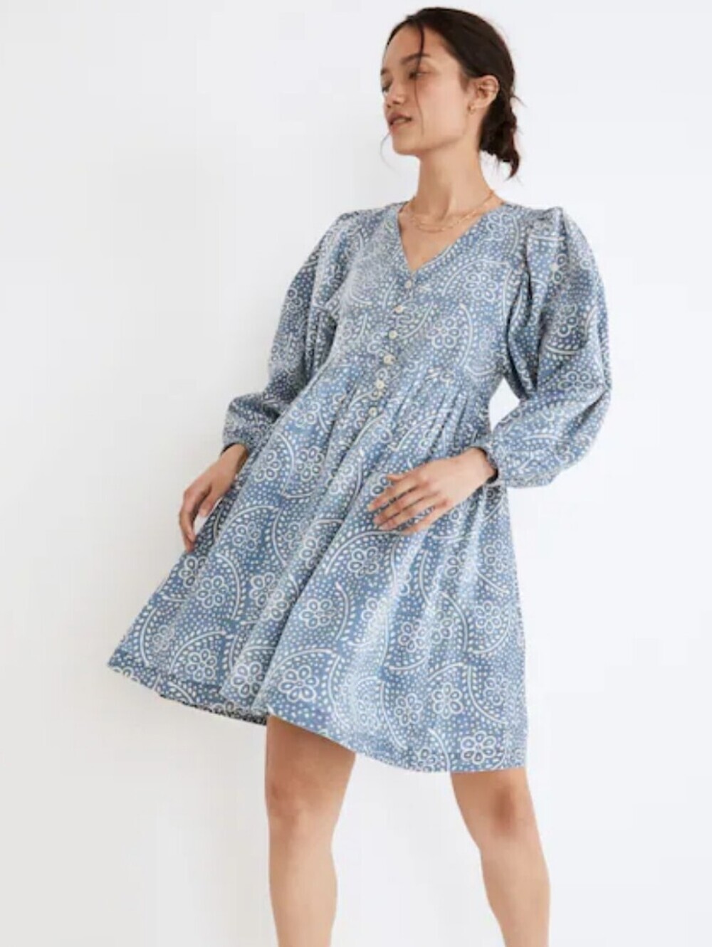 Madewell Bubble Sleeve Button Front Mini Dress Womens Xs  Indigo Floral Paisley